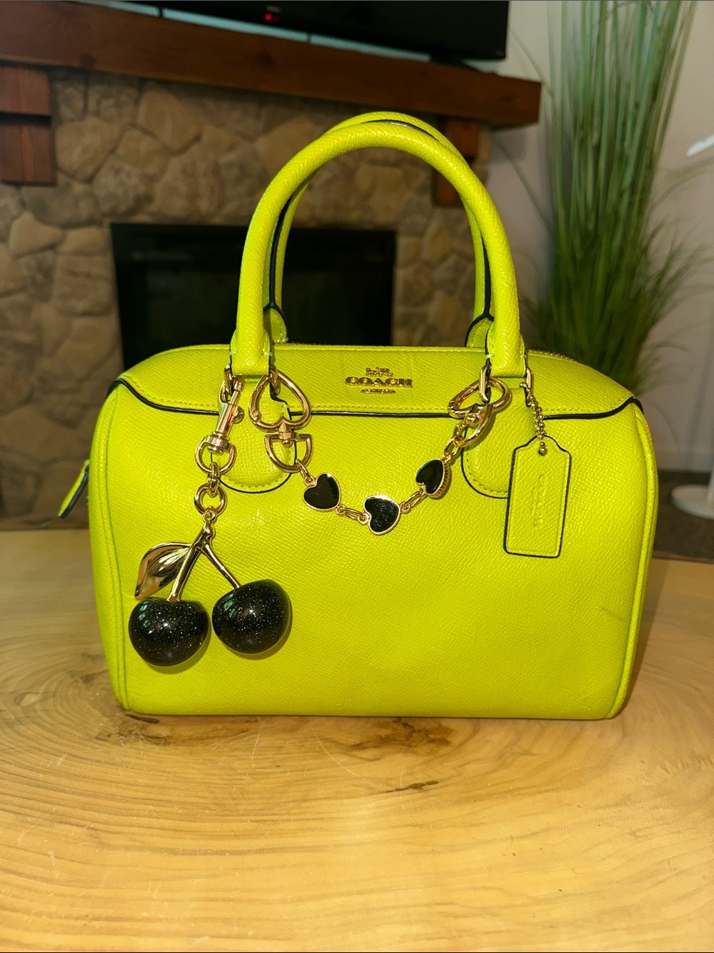 💚💛💚💛Coach Neon Yellow/lime Saffiano Leather Satchel with Cherry Charm